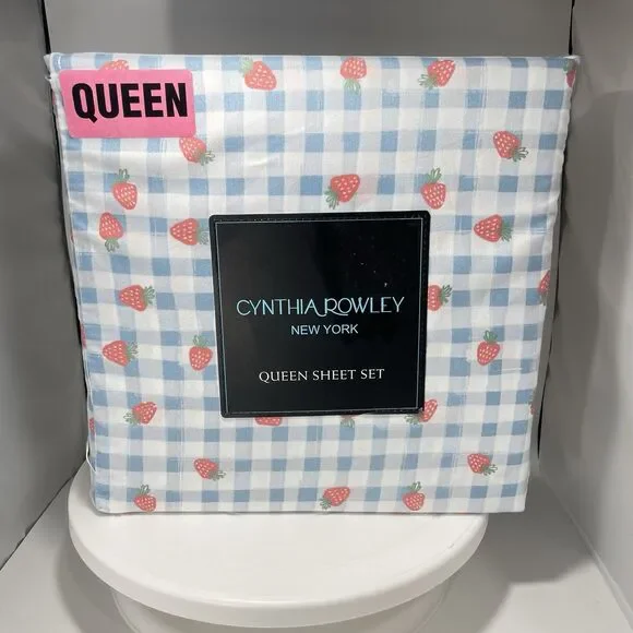 Cynthia Rowley Queen Sheet Set Strawberry Gingham Blue Microfiber New