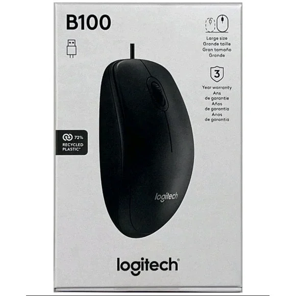 LOT of 10-2025 NEW Logitech B100 Ambidextrous 1000 DPI USB Wired 4-Way Mouse
