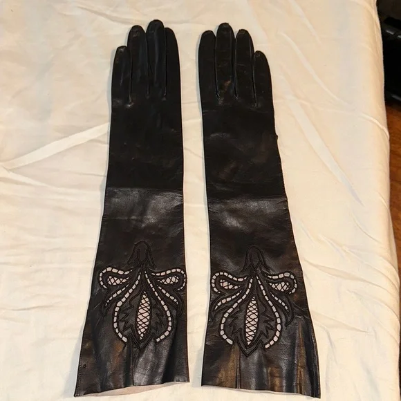 Vintage NWOT Dead Stock‎ Long Black Leather Gloves with Embroidered Design