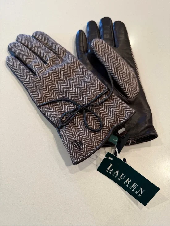 Lauren Ralph Lauren Herringbone Wool Gloves with Black Leather Trim