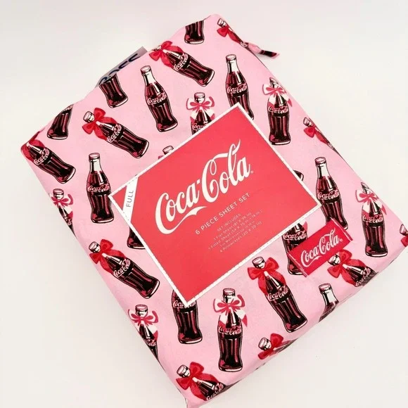 Coca Cola Pink Full 6 Piece Sheet Set Bottles Bows