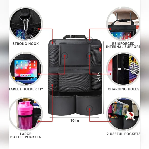 Black Backseat Car Organizer with Touch Screen Tablet Holder and lots of pockets