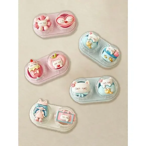3x Kitty Cat Portable Travel Contact Lens Case Contact w/ tweezer & applicator