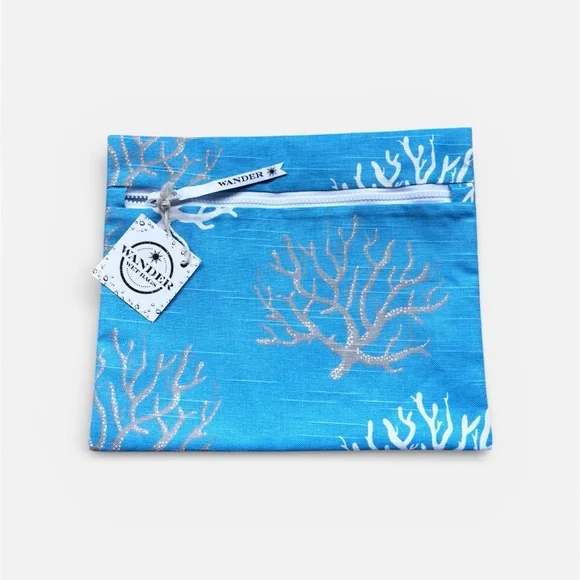 Wander Wet Bag Blue Coral Print Zip Pouch NWT