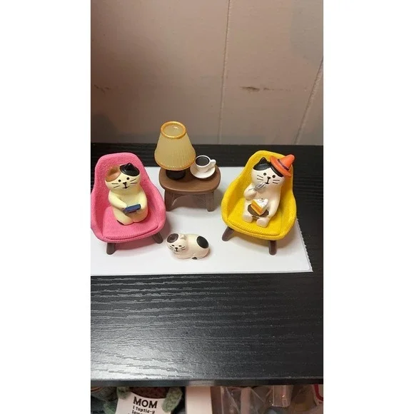 Miniature Cat Figurine Set with Chairs and Accessories