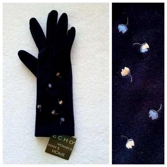 ECHO | Vintage Embroidered Floral Gloves NEW Ladies Small Black