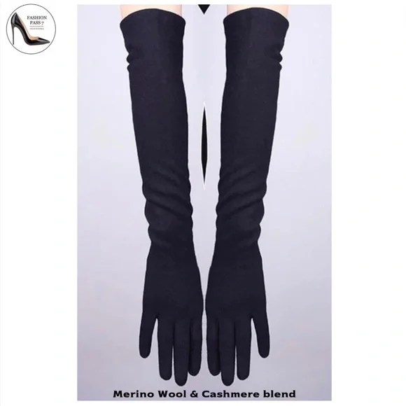 Long Cashmere Merino Wool Gloves Classical Black Opera Driving Winter Warm Glove