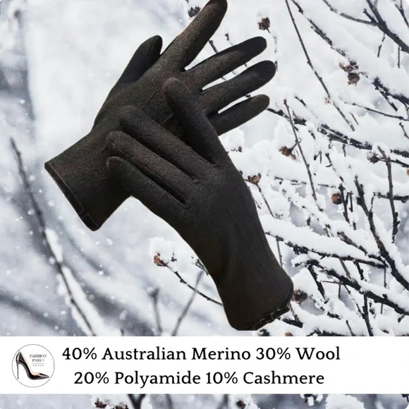 Luxury Cashmere Merino Wool Gloves Classic Black Winter Warm Gloves with bow