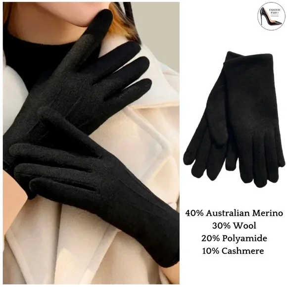Luxury Cashmere Merino Wool Gloves Classic Black Driving Winter Warm Cozy Gloves