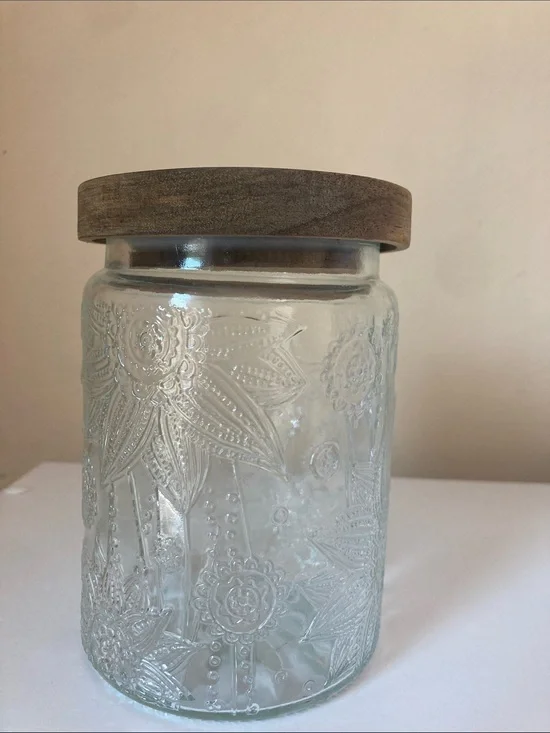 Embossed Glass Storage Jar with Wooden Lid
