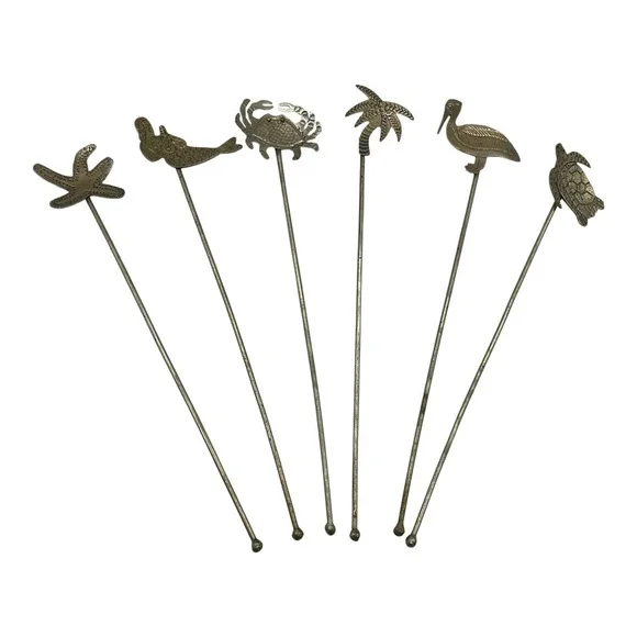 Vintage Brass Nautical Cocktail Swizzle Sticks Set of 6 Mermaid Tropical Coastal