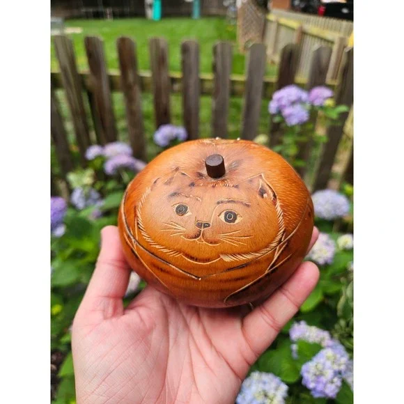 One Thousand Villages Handcarved Folk Art Cat Gourd Trinket Box