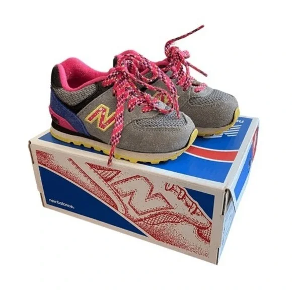 New Balance 574 Kids Sneakers Grey Pink Blue Yellow KL574O6I Size 5‎ M