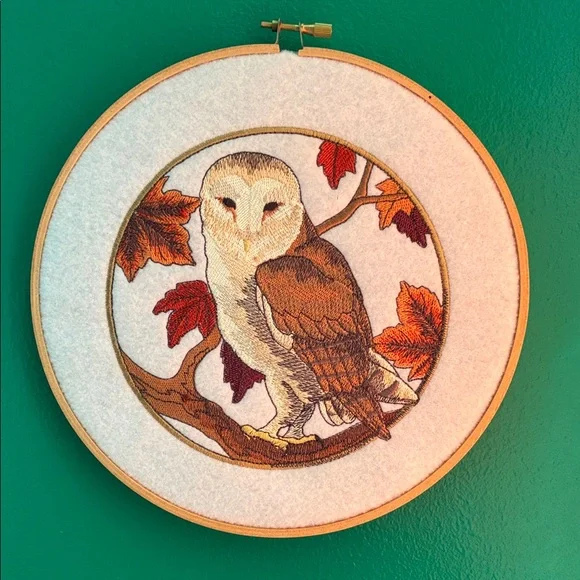 Wooden Round hoop with embroidered barn owl fall leaves wall decor autumn 8.5