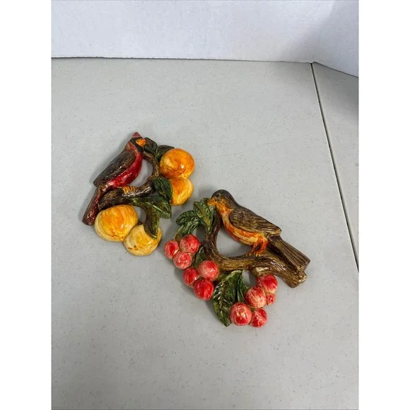 Vintage Ceramic Bird Wall Plaques‎ Set Cardinal Songbird Fruit Peaches Berries
