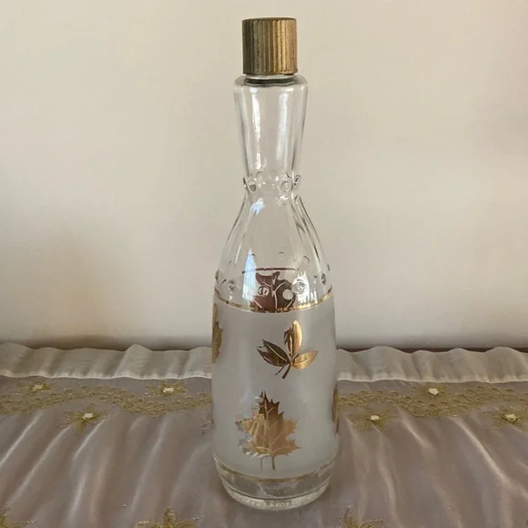 Vintage Glass Wine Bottle with Gold Metallic Leaves Accent