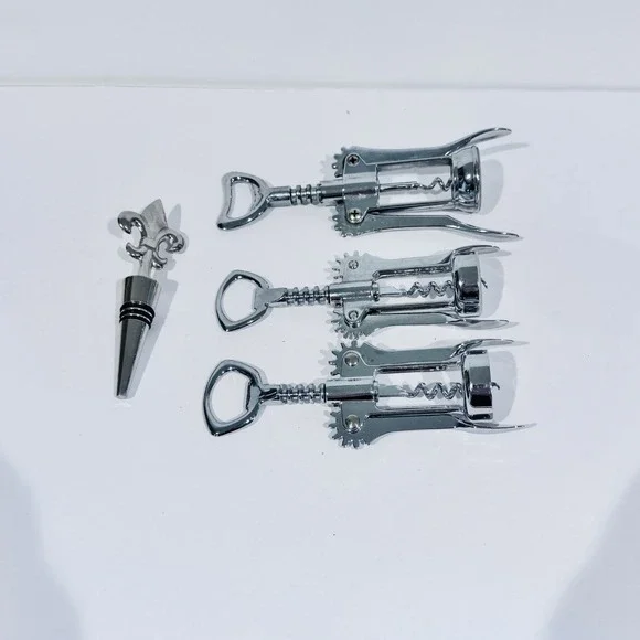Lot Of‎ 3 Wing Cork Screw Bottle Openers & 1 Fleur De Lis Chrome Bottle Stopper