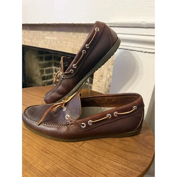 L.L.Bean Boat Mocs Moccasins Men's 10 D Brown Pebbled Leather Shoes EUC