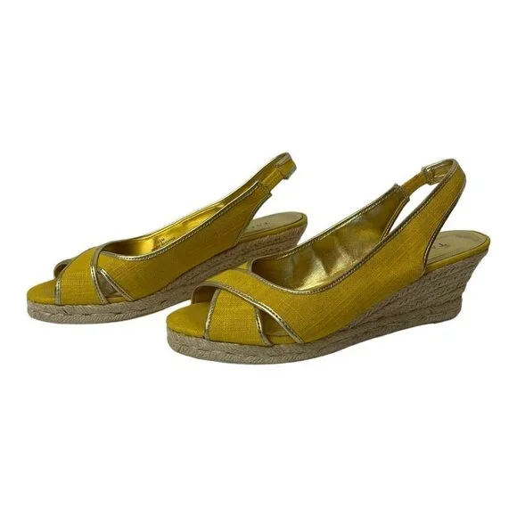 Talbots Lyndsay Yellow Canvas‎ Peep Toe Sling Back Espadrille Wedge Size 9.5