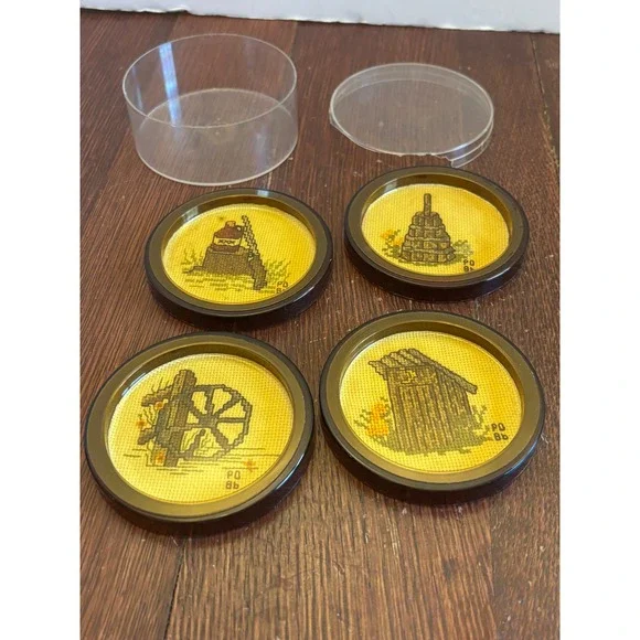 Vintage Needlepoint Coasters Set of 4 Americana Outhouse Moonshine Made in USA