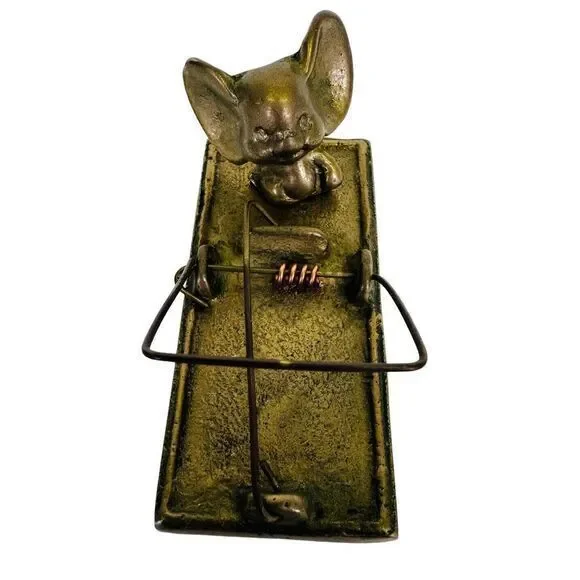 Vintage Early Enesco‎ Brass Mouse On Trap Figurine Paper Weight 3.5