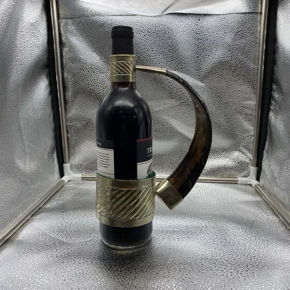 Vintage Brass Horn Wine Bottle Holder OS Brown Silver‎ Real Horn Barware Decor