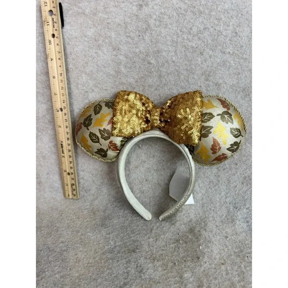 Disney Fall Leaf Sequin Bow Minnie Mouse‎ Ears Headband Adult One Size Gold