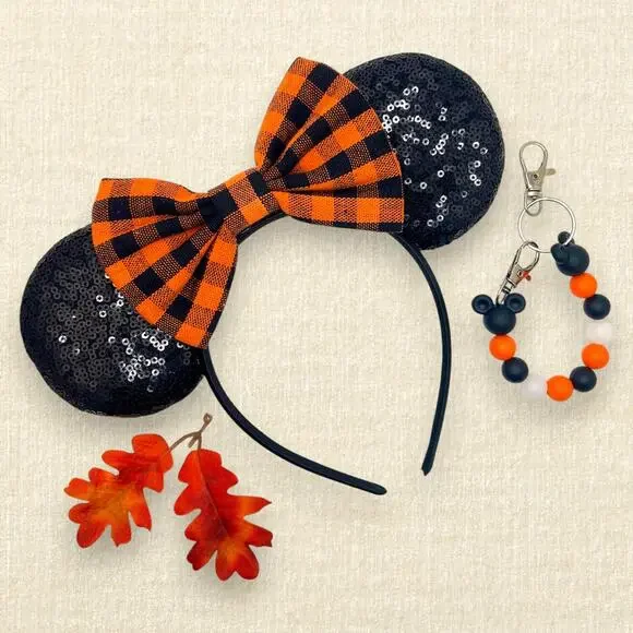 Orange & Black Plaid Minnie Ears | Disney-Inspired Fall Halloween Mouse Ears