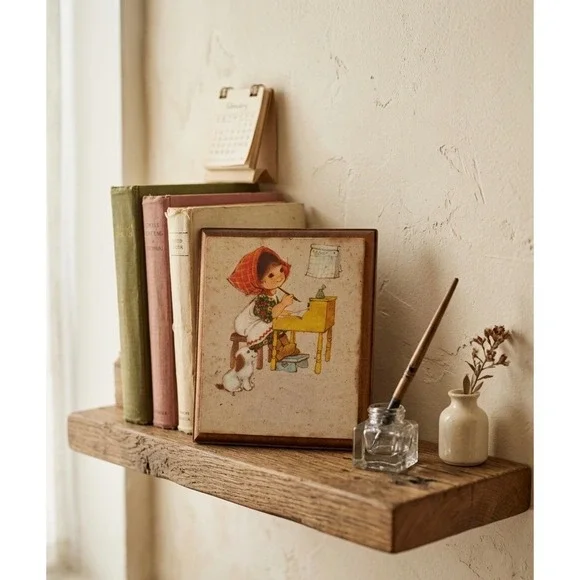 Vintage 1970s Wood Plaque Girl at Writing Desk with Dog Wall Decor