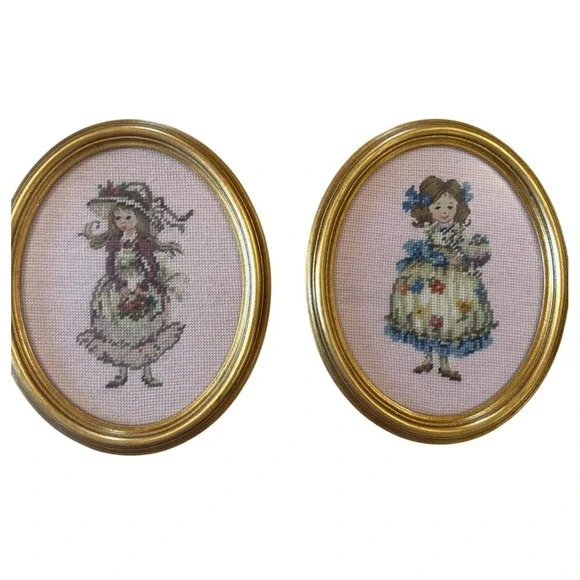 Vintage Oval Gold Framed Needlepoint Art Pair Victorian Girls Marjane Davant