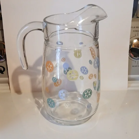Vintage 80s Glass Pitcher with Colorful Floral Design