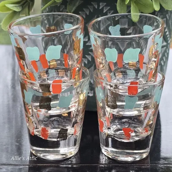 4 Vtg MCM Orange Gold Aqua Teal Blue Atomic Shot Glasses‎ Cocktail Barware Set