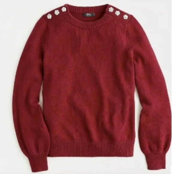 J.Crew Burgundy Wool Blend Pull Over Jewel Buttons Crew Neckline Sweater