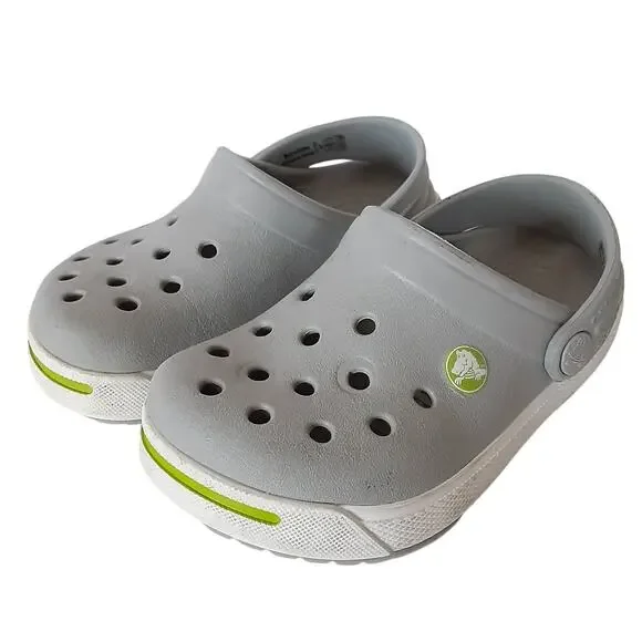 Crocs Crocband Clogs Boys 6/7 Gray Lime Green Stripe Retro Water Shoes Summer
