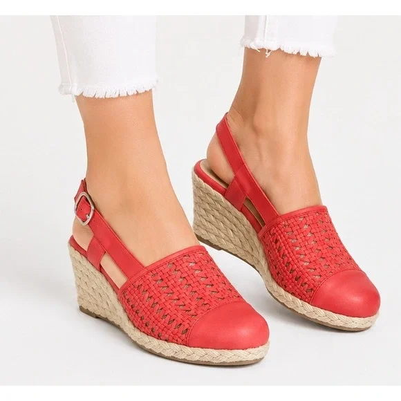Easy Street Womens Taffy Espadrille Wedges Size 9WW Red Slingback Knit  Textile