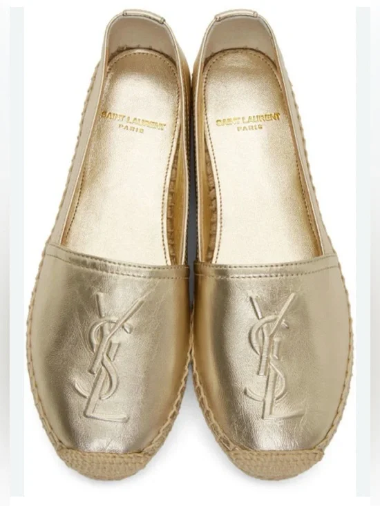 Yves Saint Laurent Gold Leather Monogram Espadrilles size 37.5