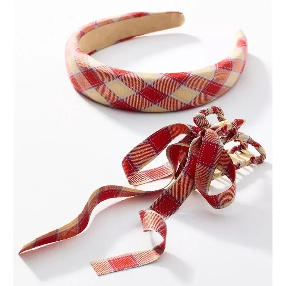 ANTHROPOLOGIE Plaid Headband & Bow Hair Claw Clip Set - Red ($34 Retail, NWT)