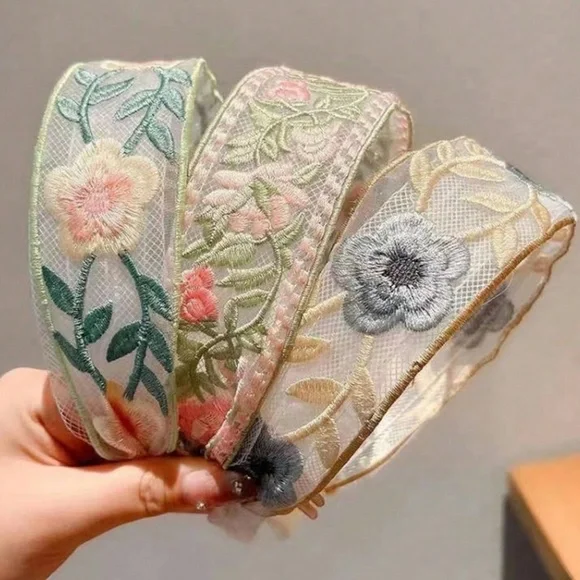 Boho Floral Embroidered Headbands set
