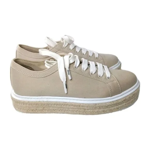 Prada Espadrilles Platform Shoes Beige Canvas  Sneakers Women's Size 39