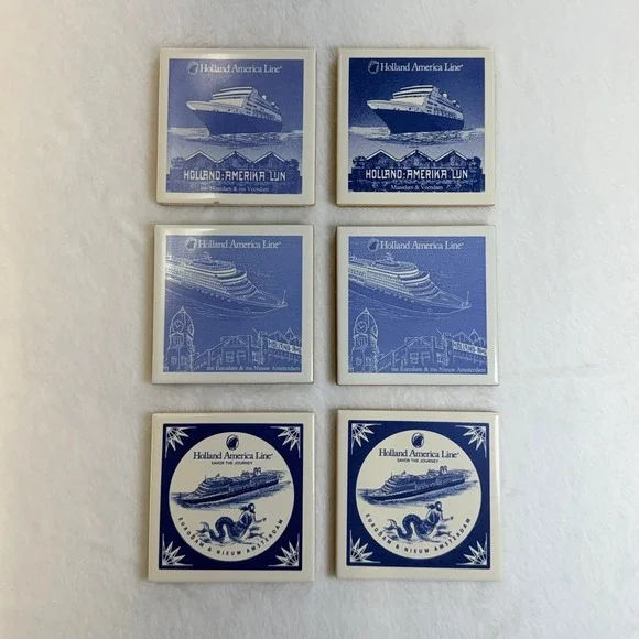 Holland America Line Ceramic Coaster Set of 6 Blue White Nautical Cruise‎ Ships