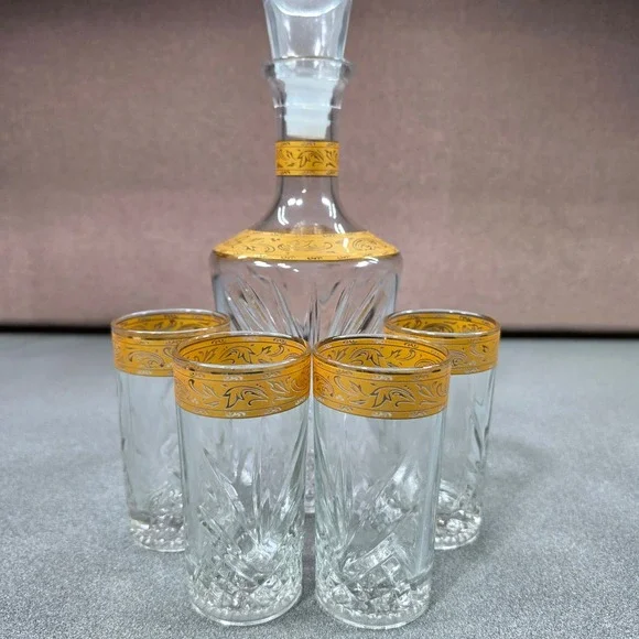 Vintage Decanter Set with 4 Glasses Gold Leaf Band Clear Pressed Glass Excellent