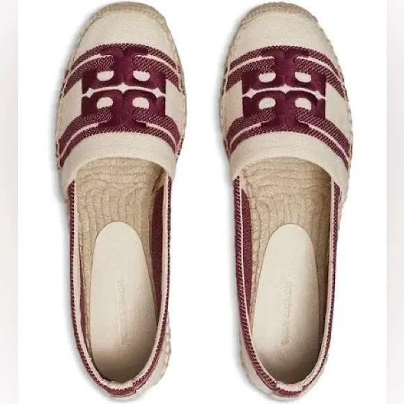 Tory Burch DOUBLET JACQUARD ESPADRILLE STRIPE LOGO Women's Burgundy and Cream 9
