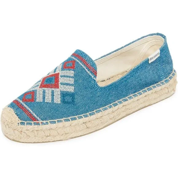 New Soludos Espadrilles Bohemian Aztec Slip-on Flats | Blue Denim | 7