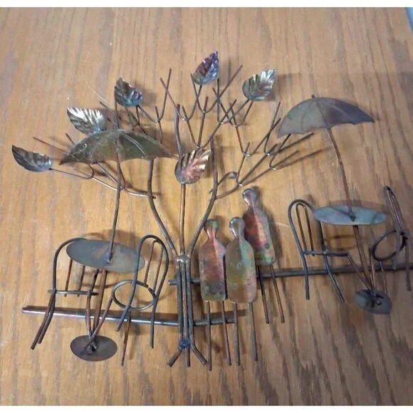 Vintage 1974 Enesco Copper Wall Art Sculpture With Tree Umbrellas & Chairs Made