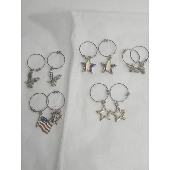 Vintage Wine Glass Charms Set Of 10 Patriotic & Americana Themed Metal Charms En