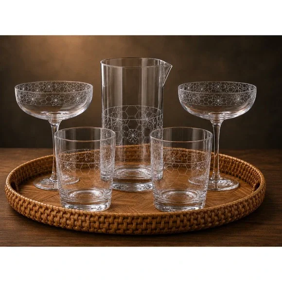 Chic & Tonic 5pc Cocktail Set Etched Geometric Pitcher Coupes Rocks Glasses