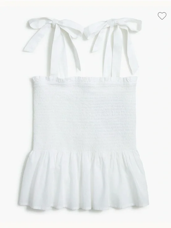 J. Crew White Smocked Tie-Shoulder Peplum Tank