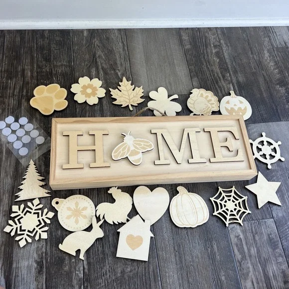 Interchangeable Home Wall Sign‎ with 18 Pcs Seasonal Icons Wooden Paint Yourself