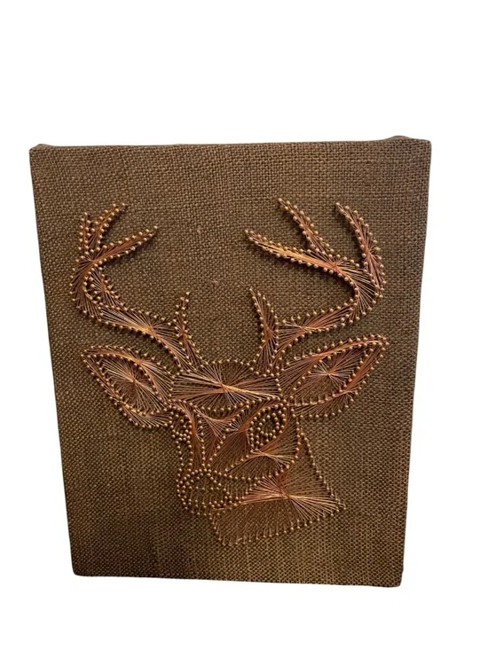 Vintage Copper Wire String Art Deer Head Antlers on Burlap Canvas Wall Decor