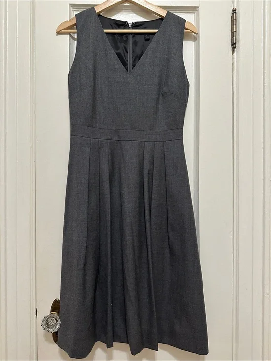 J. Crew Charcoal Gray V-Neck Pleated Midi Dress